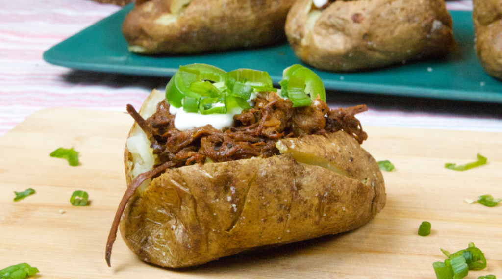 SHREDDED BBQ BEEF LOADED BAKED POTATOES