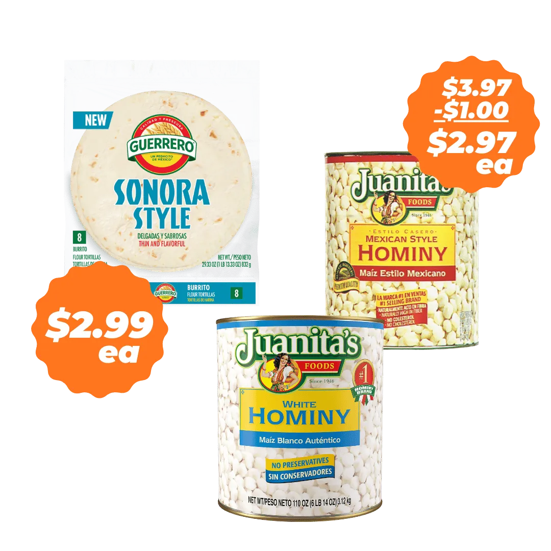 En la compra de un paquete de Tortillas de Harina Guerrero, 20 ct, obtén $1 de descuento en el Maíz Pozolero Juanita's, 110 oz.  
