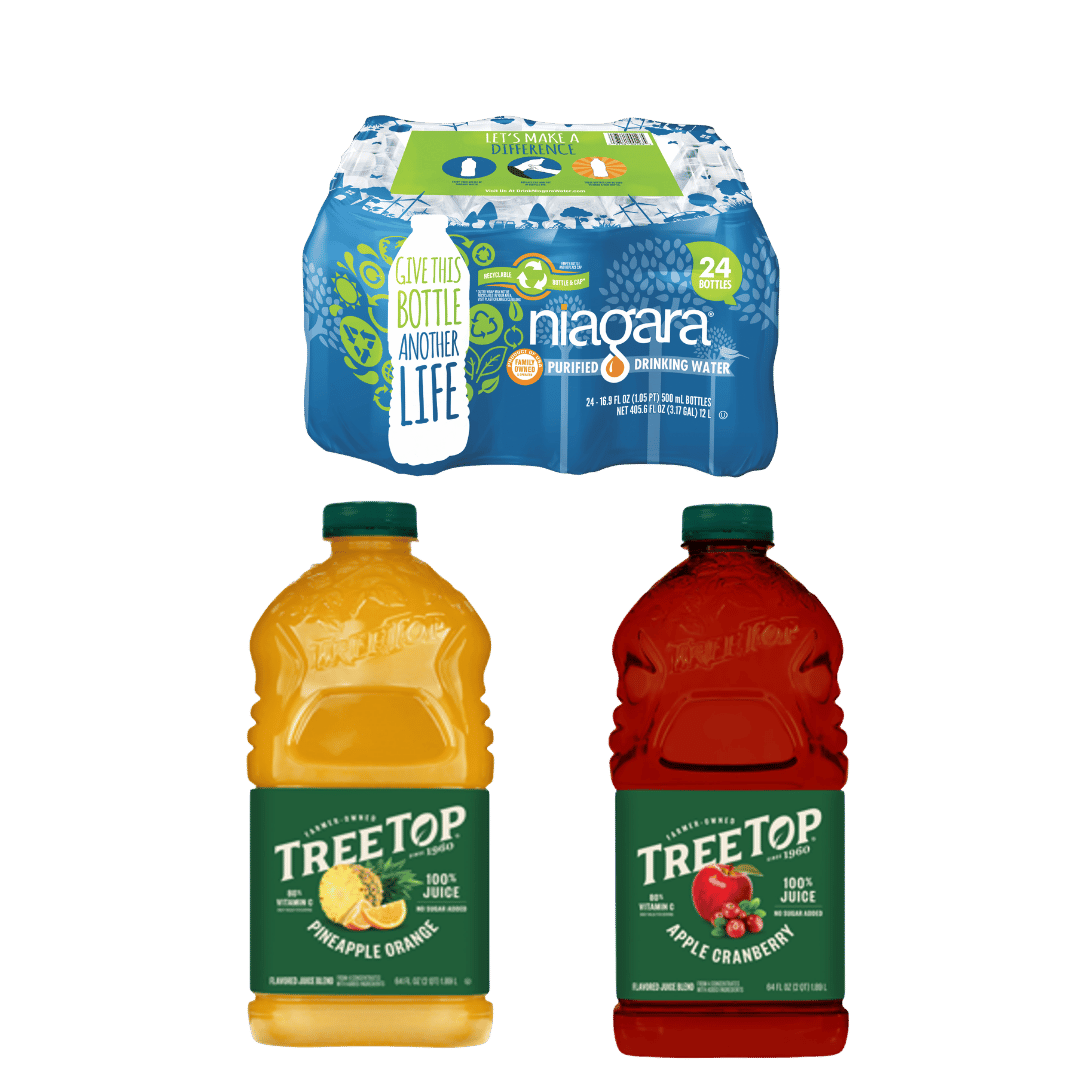 Jugo de Manzana Tree Top, 64 Oz.  o Agua Embotellada Niagara 24 Pk., .5 Liter $2.50 +CRV