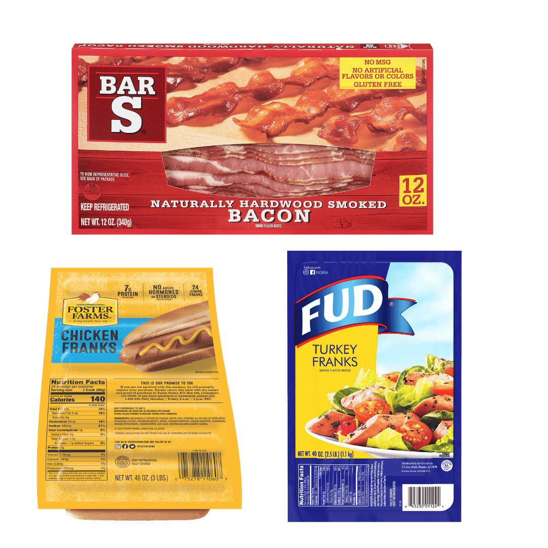 Foster Farms or FUD Franks, 40 - 48 Oz. or Bar-S Bacon, 12 Oz. $4.77 ea
